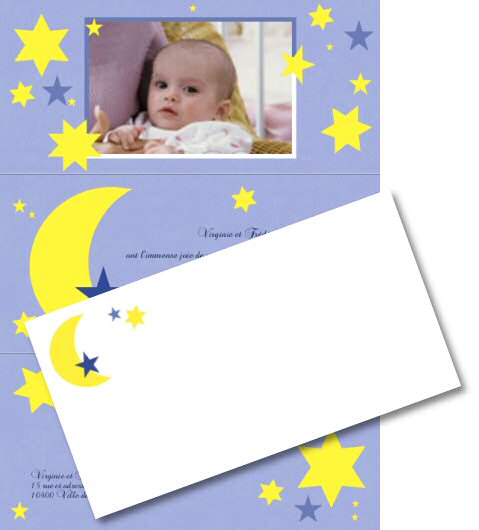 Faire-part de Naissance. Faire part de naissance, bleu, avec photo, pour garon orn d'une lune, d'toiles.