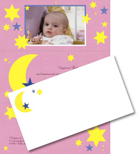 Faire-part de Naissance. Faire part de naissance, rose, avec photo, pour fille orn d'une lune, d'toiles.