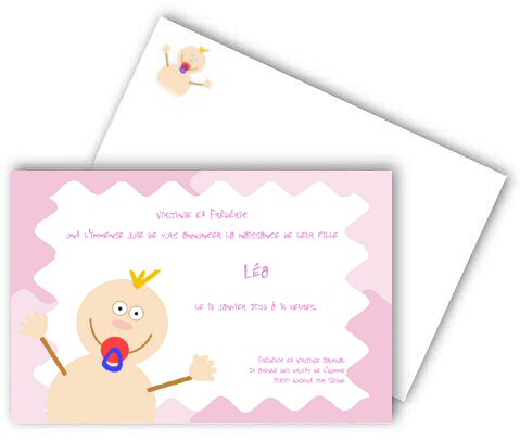 Faire-part de Naissance. Faire part de naissance rose, pour fille, orn d'un bb rigolo en dessin.