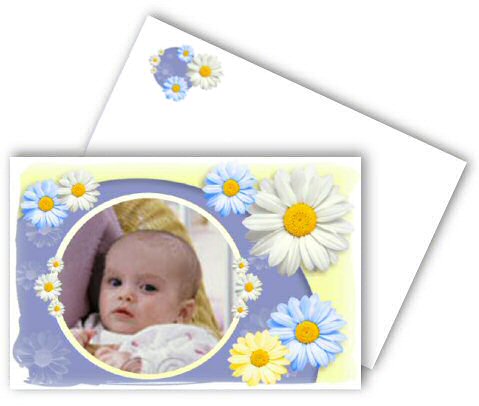 Faire-part de Naissance. Faire part de naissance pliant avec photo orn de fleurs.